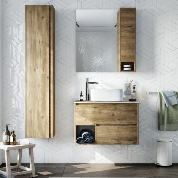 Мебель для ванной STWORKI Карлстад 75 дуб рустикальный, простоун беж, с отверстием для смесителя в столешнице, белая