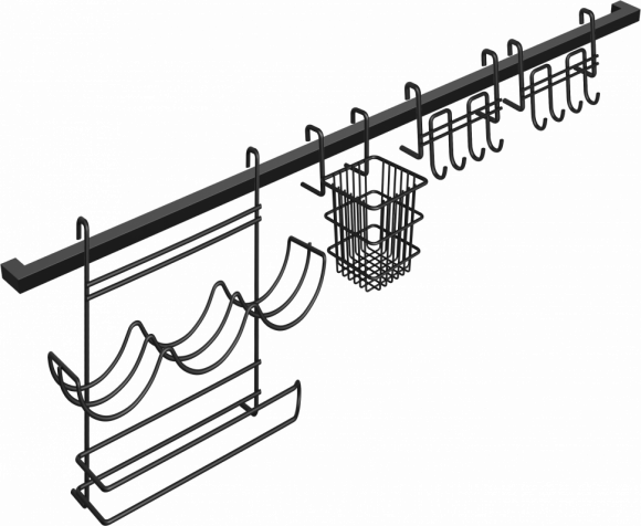 Комплект Рейлинг Domaci Феррара D20957 100, черный муар + Держатель D21363 для столовых приборов, черный муар + Держатель D21349 для приправ и полотенца, черный муар + Держатель D21361 с крючками, черный муар + Держатель D21361 с крючками, черный муар