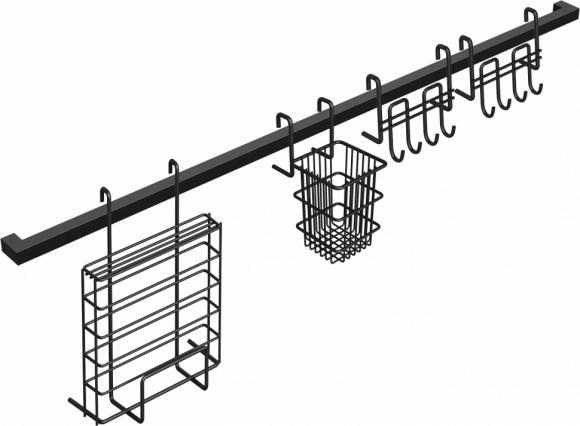 Комплект Рейлинг Domaci Феррара D20957 100, черный муар + Держатель D21363 для столовых приборов, черный муар + Держатель D21357 для ножей и досок, черный муар + Держатель D21361 с крючками, черный муар + Держатель D21361 с крючками, черный муар