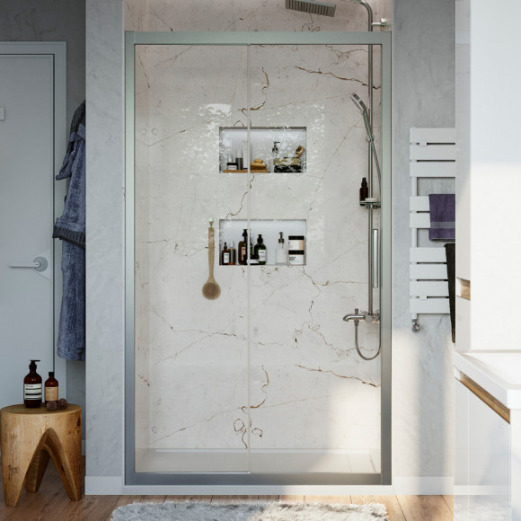 Душевая дверь в нишу STWORKI Стокгольм 110 см профиль хром матовый, раздвижная, прозрачное стекло