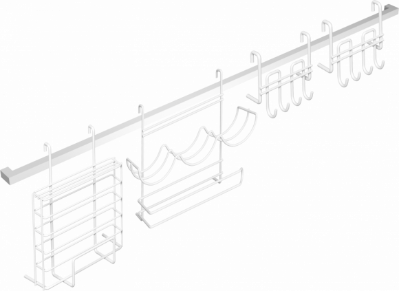 Комплект Рейлинг Domaci Феррара D21342 100, белый муар + Держатель D21348 для приправ и полотенца, белый муар + Держатель D21360 с крючками, белый муар + Держатель D21356 для ножей и досок, белый муар + Держатель D21360 с крючками, белый муар