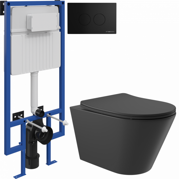 Комплект Унитаз подвесной Aqueduto Cone CON0140 безободковый, с микролифтом, черный матовый + Инсталляция STWORKI + Кнопка Хельсинки 500471 черная матовая