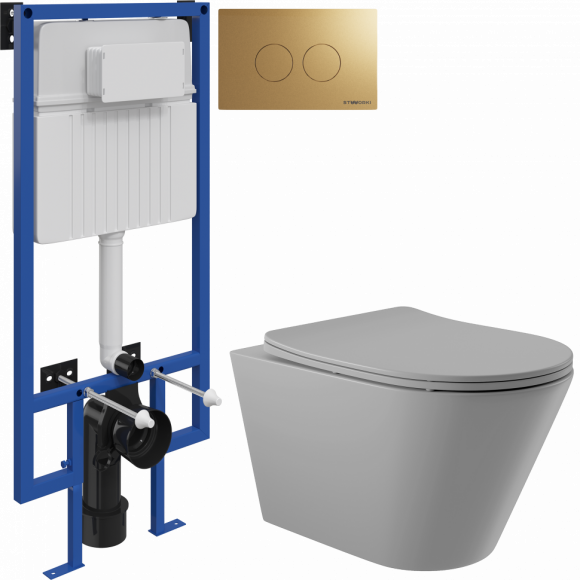 Комплект Унитаз подвесной Aqueduto Cone CON0130 безободковый, с микролифтом, серый матовый + Инсталляция STWORKI + Кнопка Хельсинки 500474 золотая матовая