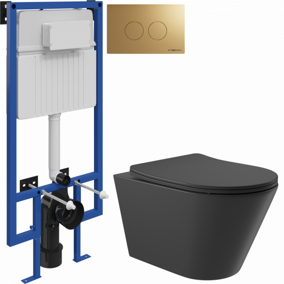 Комплект Унитаз подвесной Aqueduto Cone CON0140 безободковый, с микролифтом, черный матовый + Инсталляция STWORKI + Кнопка Хельсинки 500474 золотая матовая