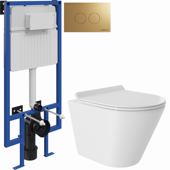 Комплект Унитаз подвесной Aqueduto Cone CONT0110 безободковый, с микролифтом, белый матовый + Инсталляция STWORKI + Кнопка Хельсинки 500474 золотая матовая